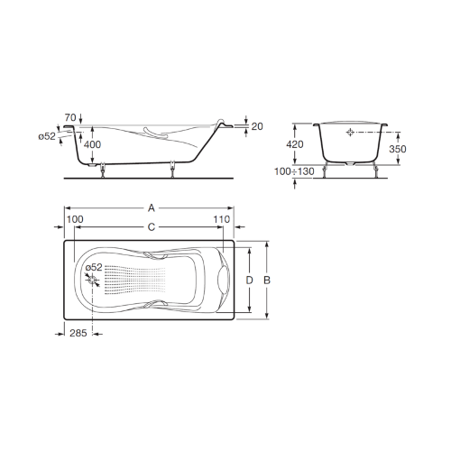 Ванна чугунная Roca HAITI 140х75, противоскользящее покрытие, отверстия для ручек