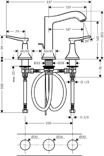 31331090 Metropol Classic Смеситель для раковины на 3 отверстия, с рычаговыми рукоятками, со сливным