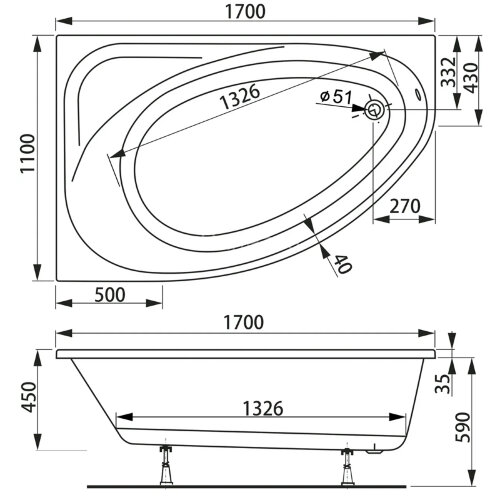 Ванна акриловая VAGNERPLAST HAPI асимметричная 170х110 см, левая, белая (VPBA170HAP3LX-04)