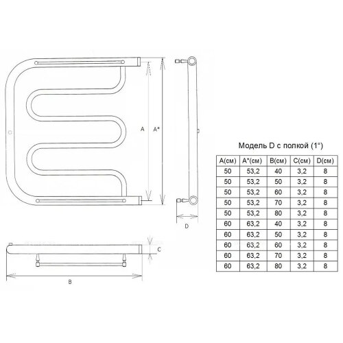 Полотенцесушитель водяной ДВИН D 60/60 c полкой 1"-1/2" К0 полированный (4627086011797)