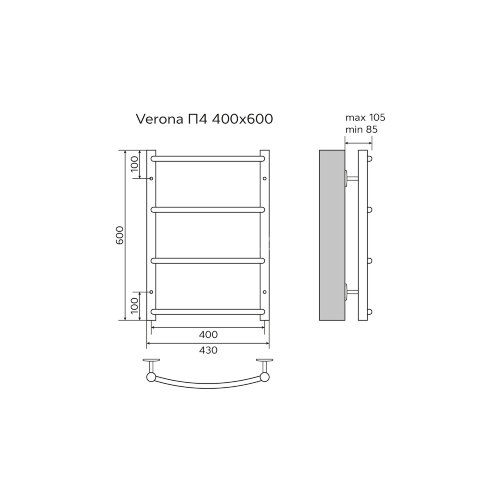 Полотенцесушитель водяной AZARIO VERONA 400/600 4 секции, нижнее/диагональное подключение, 1/2", хро