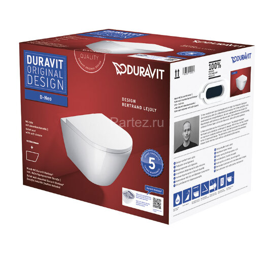 Унитаз подвесной Duravit D-Neo Rimless с креплением Durafix, сиденье микролифт, белый (45770900A1)