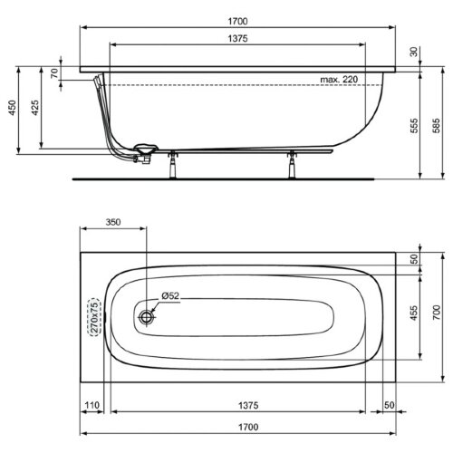 Ванна акриловая Standard i.life 1700х700 пристенная, встраиваемая (T475901)