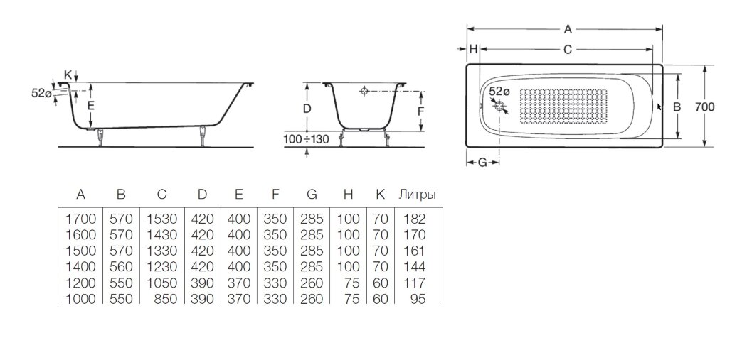 Ванна чугунная Roca CONTINENTAL 170х70, противоскользящее покрытие