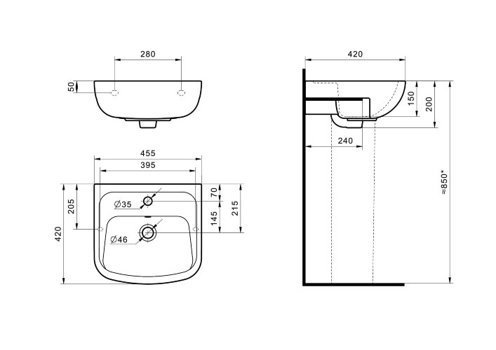 Раковина подвесная Santek "Лонги-45" 455х420х200 фарфор, 1 отверстие под смеситель, белая (1.WH50.1.