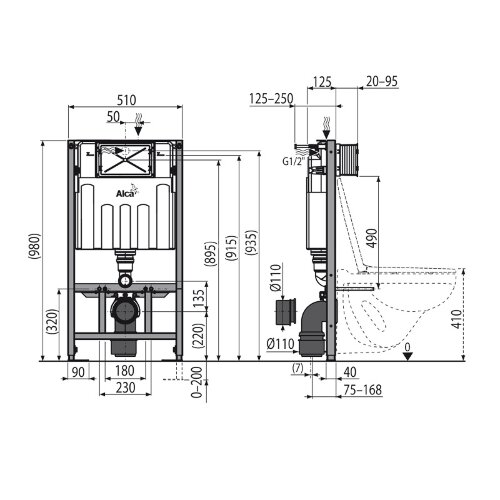 Скрытая система инсталляции Alcadrain, для сухой установки (для гипсокартона)