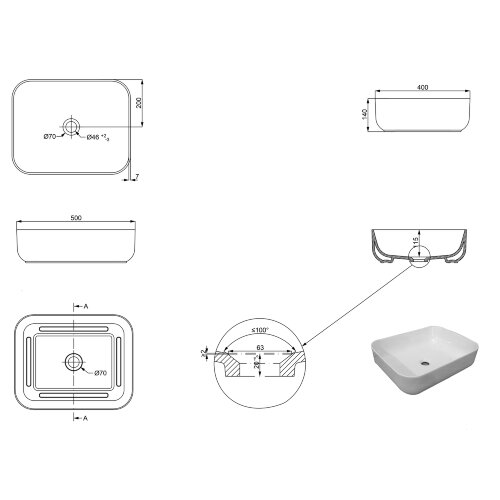 Раковина-чаша Creo Ceramique 500х400х140 накладная, прямоугольная, керамика, черный матовый (PU4200M