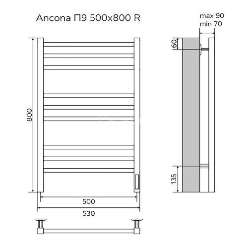 Полотенцесушитель электрический AZARIO ANCONA 500/800 квадрат, 9 секций, диммер справа, черный (AZ71