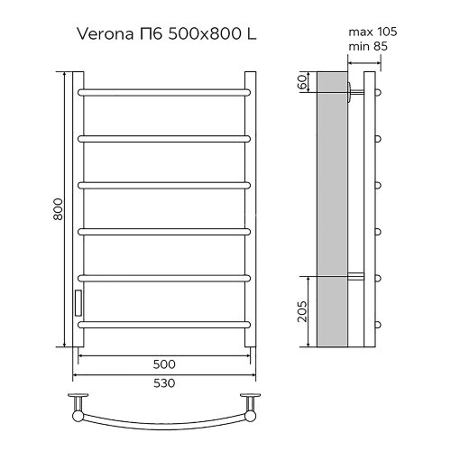 Полотенцесушитель электрический AZARIO VERONA 500/800 6 секций, диммер слева, хром (AZ04758)