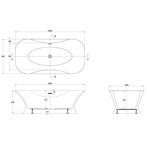 Ванна акриловая AZARIO BORDEAUX 1800x900x600, свободностоящая, в комплекте с сифоном и металлической