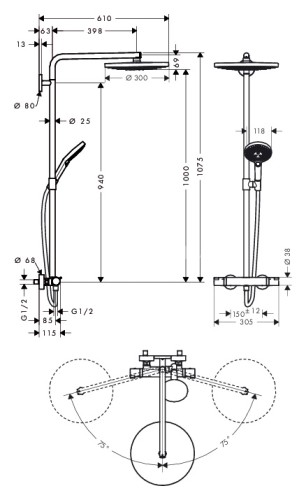 Hansgrohe 27133000 Raindance Select S 300 2jet Showerpipe, 1/2, хром